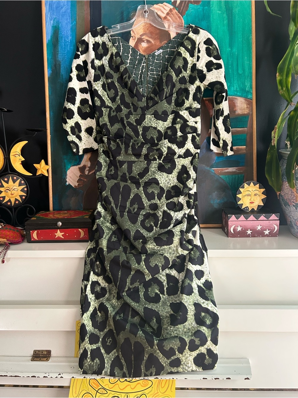 Y2K Leopard Animal Print Ruched Bodycon Midi Dress 3/4 Sleeve Green Black